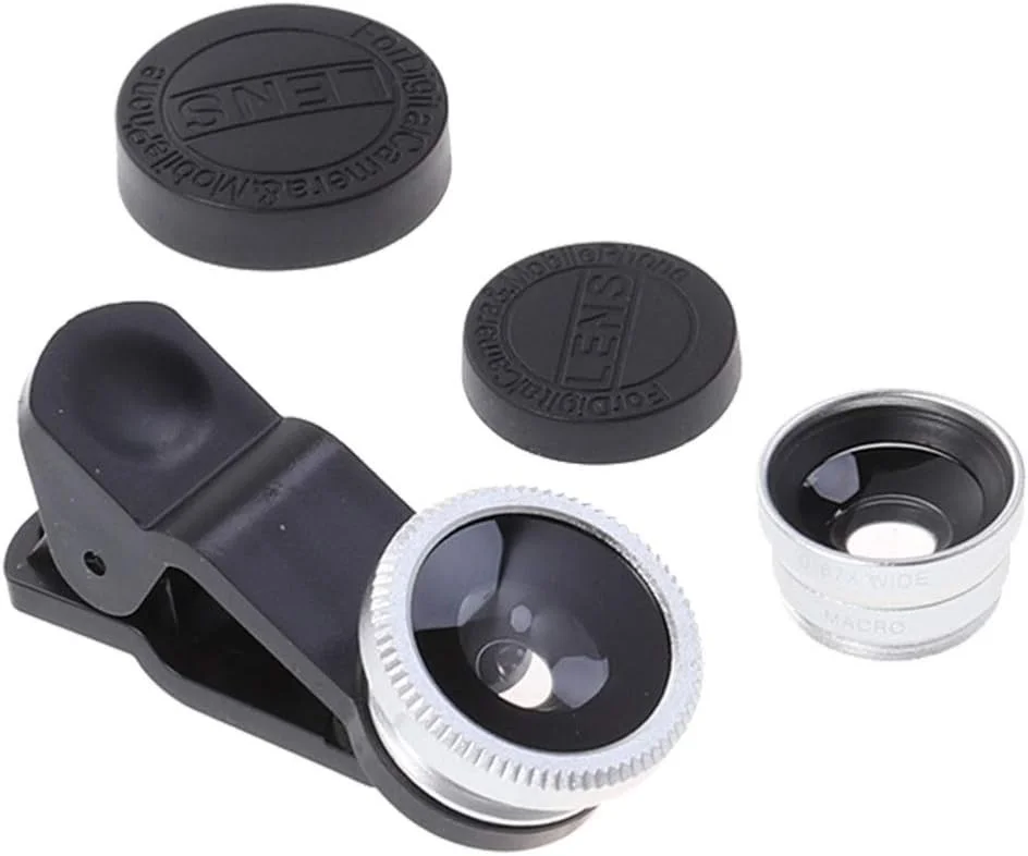 لنز دوربین گوشی، کیت لنز جهانی 3 در 1 تلفن همراه، لنز چشم ماهی، لنز زاویه باز، لنز ماکرو، لنز گیره ای دوربین سازگار با 6S/7/8/X اندروید اکثر تلفن های هوشمند (نقره ای)