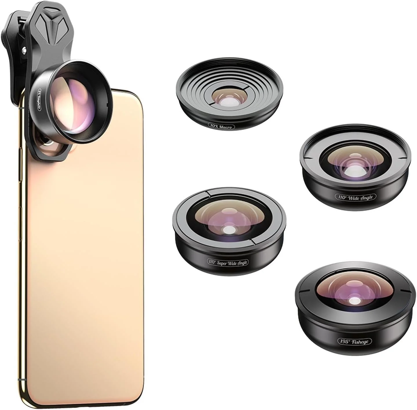 کیت لنز دوربین گوشی 5 در 1، لنز ماکرو 10X، لنز تله فوتو 2X، چشم ماهی 195 درجه، زاویه باز 110 درجه، زاویه فوق عریض 170 درجه، برای گوشی های هوشمند تک لنز و دو لنز