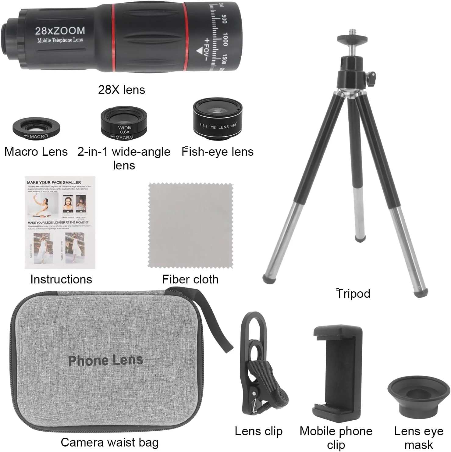 کیت لنز دوربین گوشی 4 در 1، شامل لنز تله فوتو 28X، لنز ماکرو 25X، لنز فیش آی 198 درجه، لنز واید انگل 4K 0.6X، گیره و مینی سه پایه گوشی برای سری گوشی های آیفون و اندروید (مشکی) کیت لنز دوربین گوشی 4 در 1، شامل لنز تله فوتو 28X، لنز ماکرو 25X، لنز فیش آی 198 درجه، لنز واید انگل 4K 0.6X، گیره و مینی سه پایه گوشی برای سری گوشی های آیفون و اندروید (مشکی)