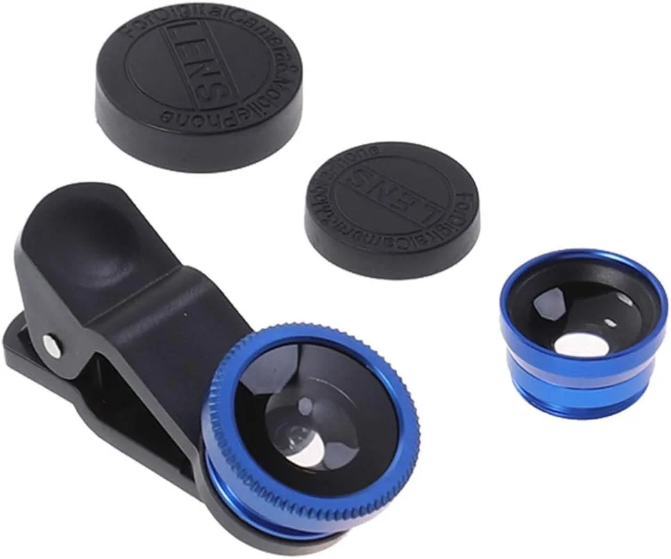 لنز دوربین موبایل کلیپسی، لنز جهانی موبایل 3 در 1 شامل لنز چشم ماهی و لنز ماکرو برای تلفن همراه (آبی، 1 عدد)