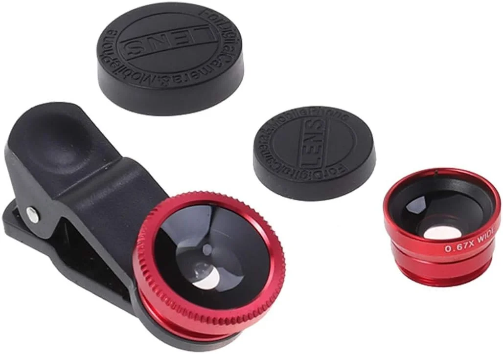 لنز دوربین تلفن همراه کلیپسی، لنز جهانی تلفن 3 در 1 کلیپسی، لنز چشم ماهی، لنز ماکرو برای تلفن همراه (قرمز، 1 عدد)