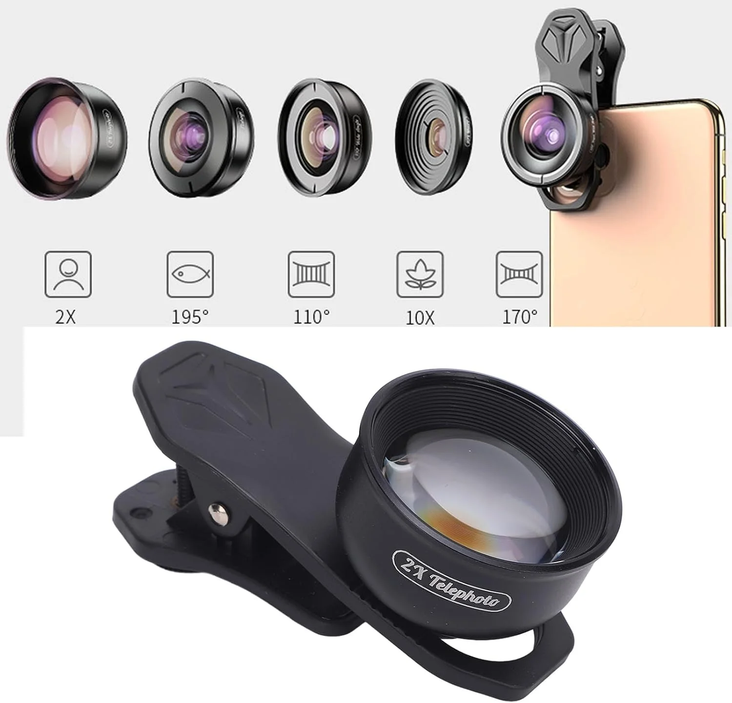 کیت لنز دوربین گوشی 5 در 1، لنز ماکرو 10X، لنز تله فوتو 2X، چشم ماهی 195 درجه، زاویه باز 110 درجه، زاویه فوق عریض 170 درجه، برای گوشی های هوشمند تک لنز و دو لنز کیت لنز دوربین گوشی 5 در 1، لنز ماکرو 10X، لنز تله فوتو 2X، چشم ماهی 195 درجه، زاویه باز 110 درجه، زاویه فوق عریض 170 درجه، برای گوشی های هوشمند تک لنز و دو لنز
