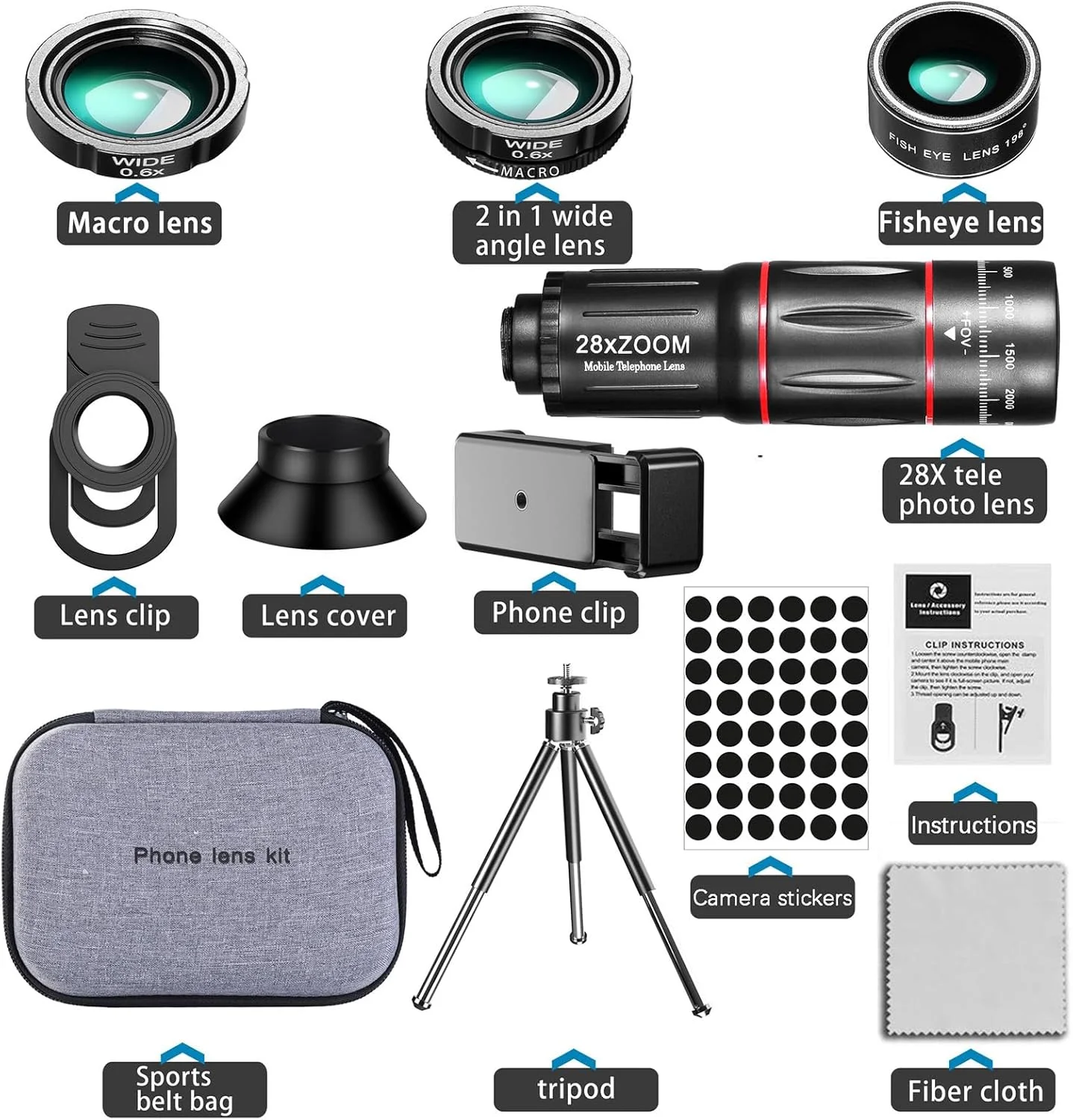 کیت لنز دوربین گوشی، نسخه ارتقا یافته تله فوتو 28X، زاویه باز 0.6X، ماکرو 20X، چشم ماهی 198 درجه برای اکثر گوشی ها کیت لنز دوربین گوشی، نسخه ارتقا یافته تله فوتو 28X، زاویه باز 0.6X، ماکرو 20X، چشم ماهی 198 درجه برای اکثر گوشی ها