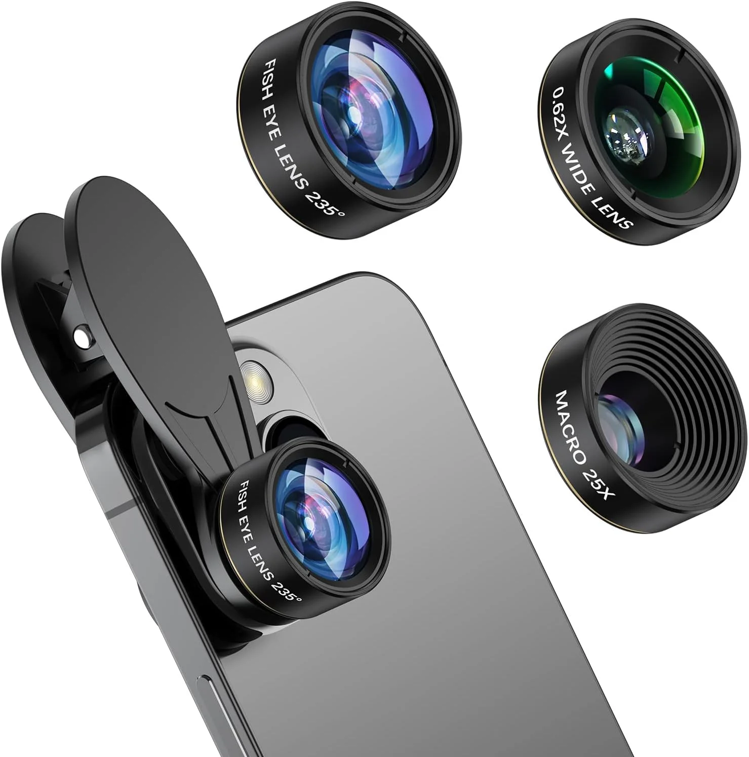 کیت لنز دوربین گوشی 3 در 1، کیت لنز موبایل - لنز چشم ماهی 235 درجه + لنز ماکرو 25X + لنز واید 0.62X، گیره لنز دوربین گوشی سازگار با گوشی های هوشمند آیفون سامسونگ اندروید