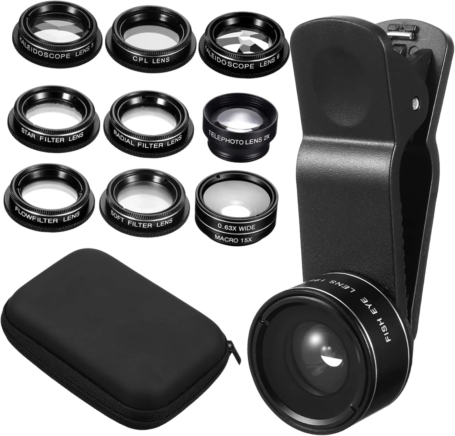 یک ست لنز دوربین تلفن همراه، لنز چند منظوره، لنز ماکرو، لنز چشم ماهی، لنز جایگزین دوربین، لنز تبلت، لنز CPL، لنز قابل حمل