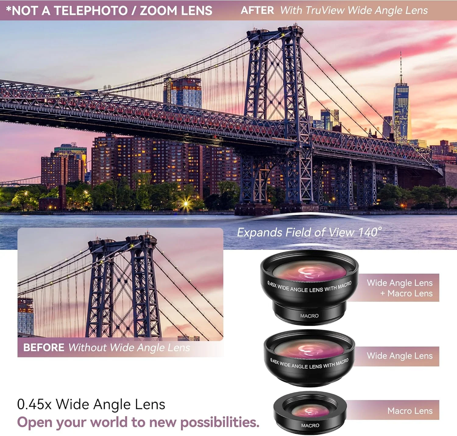 کیت لنز دوربین گوشی 2 در 1 برای آیفون و اندروید، لنز ماکرو 12.5X و لنز زاویه باز 0.45X به همراه کیف مسافرتی کیت لنز دوربین گوشی 2 در 1 برای آیفون و اندروید، لنز ماکرو 12.5X و لنز زاویه باز 0.45X به همراه کیف مسافرتی