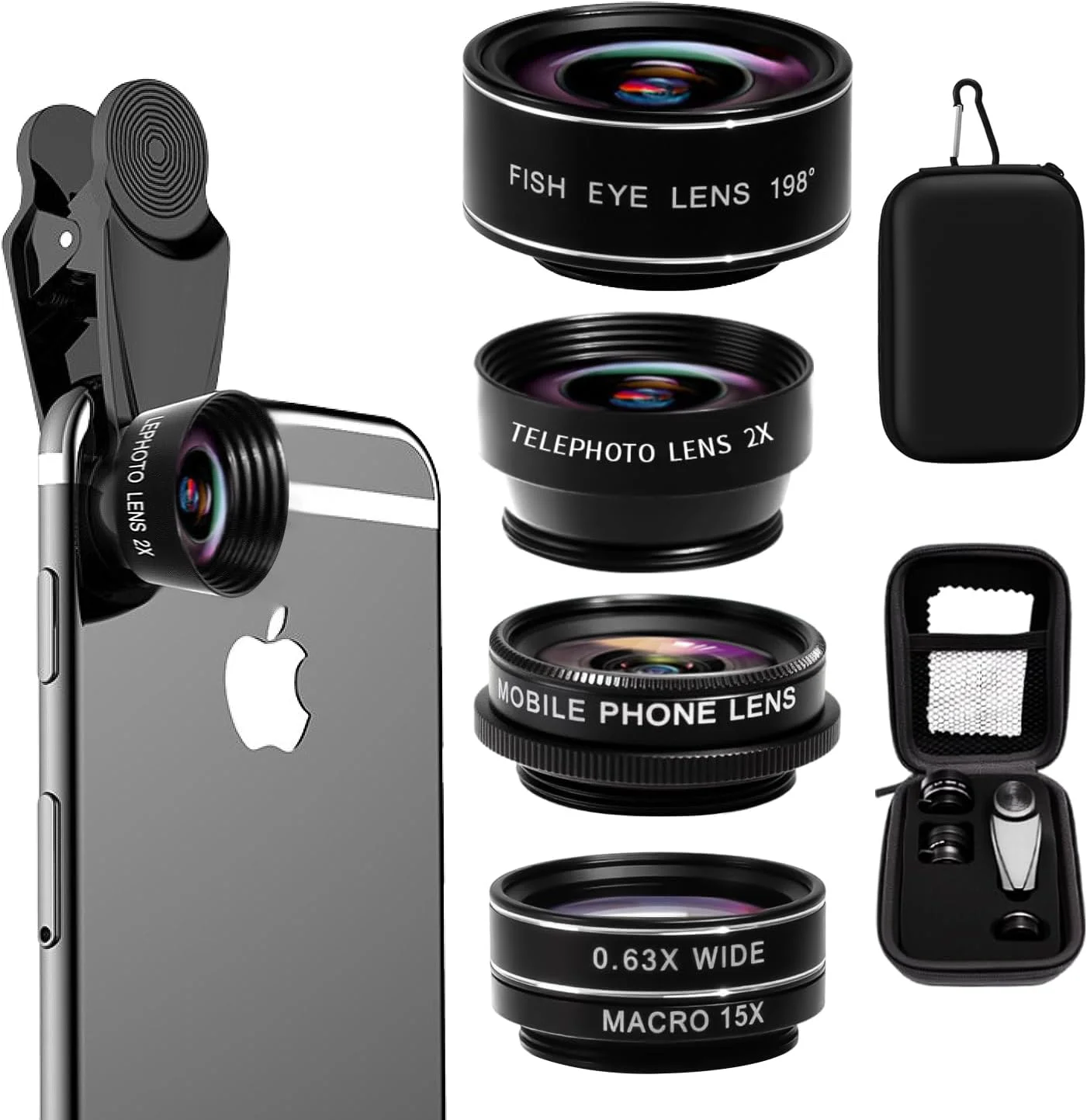 کیت لنز دوربین موبایل 5 در 1 با کیفیت بالا: لنز زاویه باز 120 درجه + لنز ماکرو 25X + لنز چشم ماهی 210 درجه + CPL + لنز تله فوتو 2X سازگار با آیفون/اندروید/تلفن همراه و تبلت