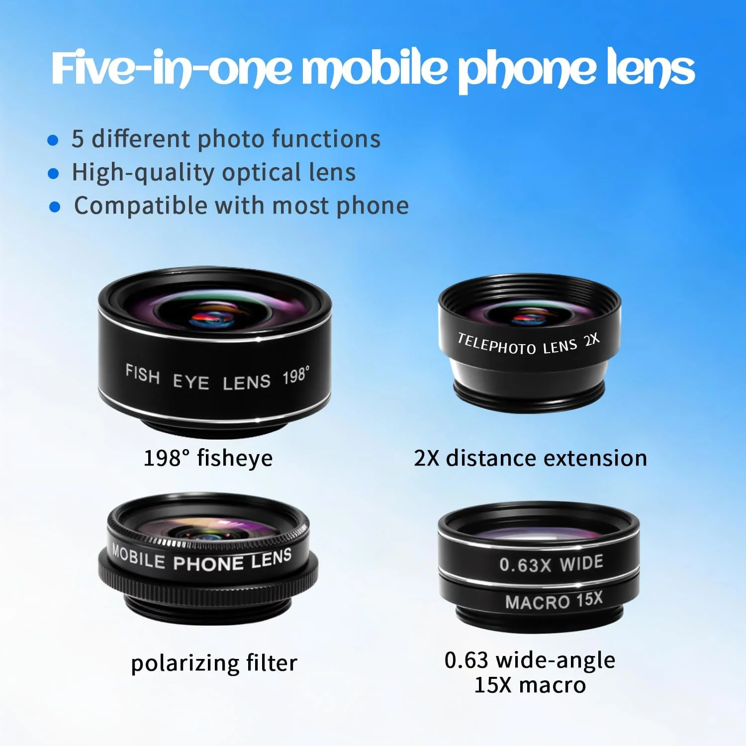کیت لنز دوربین موبایل 5 در 1 با کیفیت بالا: لنز زاویه باز 120 درجه + لنز ماکرو 25X + لنز چشم ماهی 210 درجه + CPL + لنز تله فوتو 2X سازگار با آیفون/اندروید/تلفن همراه و تبلت کیت لنز دوربین موبایل 5 در 1 با کیفیت بالا: لنز زاویه باز 120 درجه + لنز ماکرو 25X + لنز چشم ماهی 210 درجه + CPL + لنز تله فوتو 2X سازگار با آیفون/اندروید/تلفن همراه و تبلت