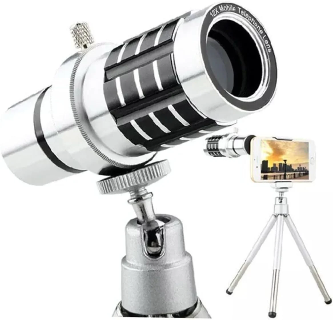 لنز زوم X با بزرگنمایی 12 برابر به همراه سه پایه فیلمبرداری، لنز دوربین برای تلفن های هوشمند و کیت لنز دوربین تلفن، لنز زاویه باز تلفن هوشمند