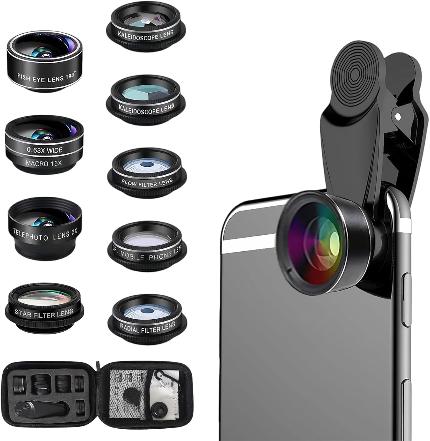 کیت لنز موبایل 10 در 1 یونیورسال، شامل لنز چشم ماهی، واید انگل، ماکرو، کانورتر، پلاریزاسیون CPL، کالیدوسکوپ، استارلایت، فیلتر جریان آب، رادیال و یک کیف حمل میکروفایبر