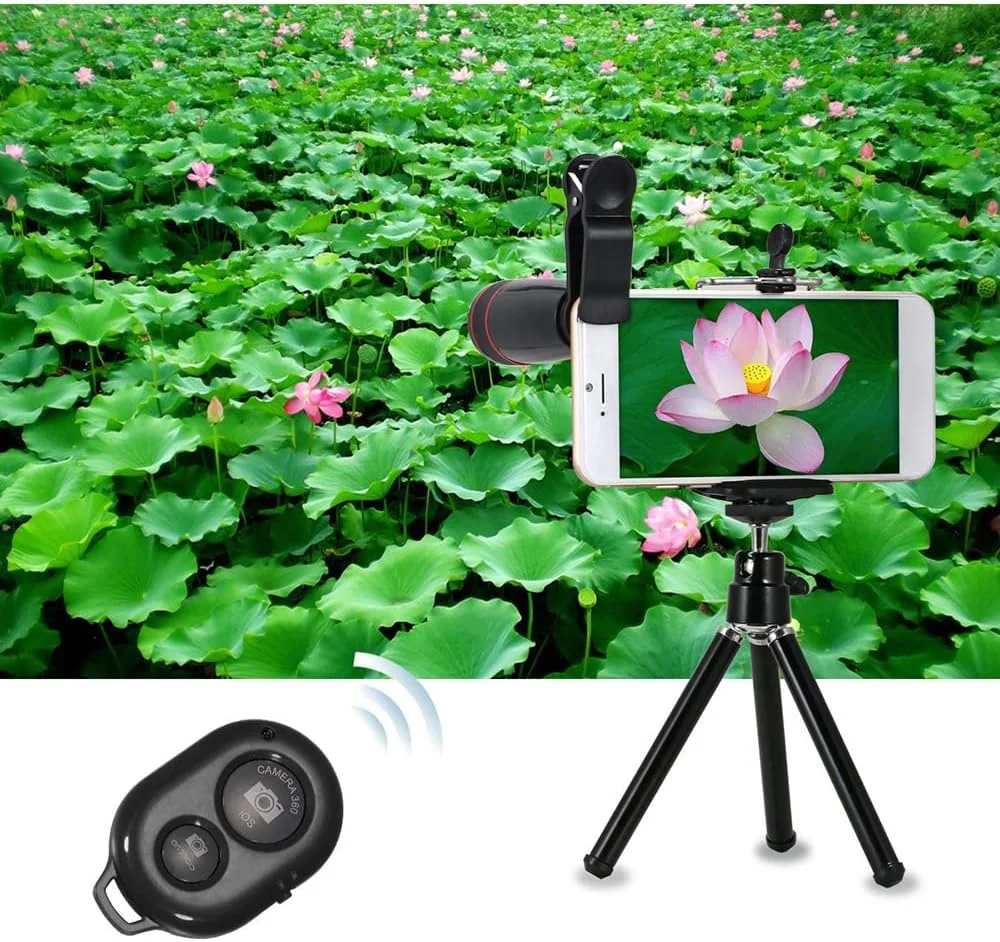 ست لنز موبایل تله فوتو 8X فاونو، شامل گیره یونیورسال جداشدنی، لنز واید انگل، لنز چشم ماهی، لنز ماکرو، به همراه مونوپاد سلفی و سه پایه ست لنز موبایل تله فوتو 8X فاونو، شامل گیره یونیورسال جداشدنی، لنز واید انگل، لنز چشم ماهی، لنز ماکرو، به همراه مونوپاد سلفی و سه پایه