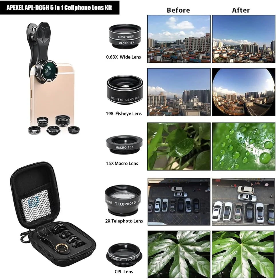 کیت لنز موبایل 5 در 1 APL-DG5H شامل لنز فیش آی 198 درجه، لنز واید انگل 0.63X، لنز ماکرو 15X و لنز CPL 2X برای گوشی های هوشمند i-Phone و Samsung کیت لنز موبایل 5 در 1 APL-DG5H شامل لنز فیش آی 198 درجه، لنز واید انگل 0.63X، لنز ماکرو 15X و لنز CPL 2X برای گوشی های هوشمند i-Phone و Samsung