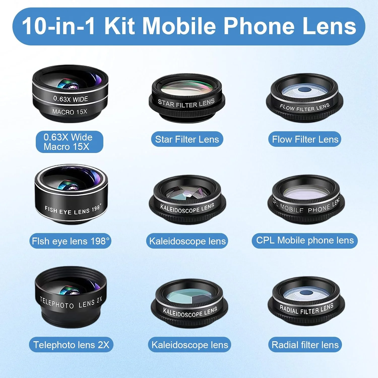 کیت لنز موبایل 10 در 1 یونیورسال، شامل لنز چشم ماهی، واید انگل، ماکرو، کانورتر، پلاریزاسیون CPL، کالیدوسکوپ، استارلایت، فیلتر جریان آب، رادیال و یک کیف حمل میکروفایبر کیت لنز موبایل 10 در 1 یونیورسال، شامل لنز چشم ماهی، واید انگل، ماکرو، کانورتر، پلاریزاسیون CPL، کالیدوسکوپ، استارلایت، فیلتر جریان آب، رادیال و یک کیف حمل میکروفایبر