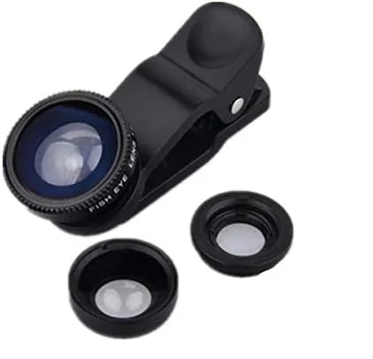 لنز دوربین تلفن همراه، لنز چشم ماهی 180 درجه + لنز ماکرو 25X + لنز زاویه باز 0.67X، لنز تلفن همراه HD حرفه ای 3 در 1 گیره ای برای آیفون 7/7 PLUS / 6، سامسونگ و سایر تلفن های هوشمند - مشکی