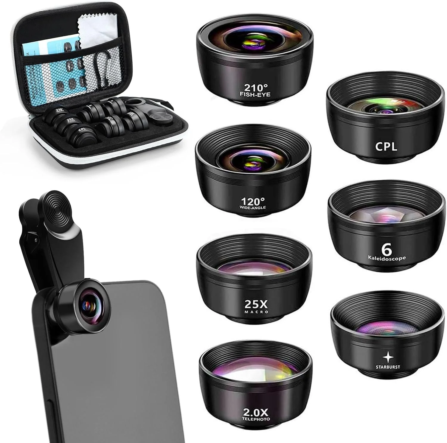 لنز موبایل 7 در 1، لنز چشم ماهی 210 درجه، لنز واید انگل 120 درجه، لنز ماکرو (25x)، لنز پرتره (2X)، کالیدوسکوپ، فیلتر CPL/ستاره ای سازگار با اکثر تلفن های هوشمند