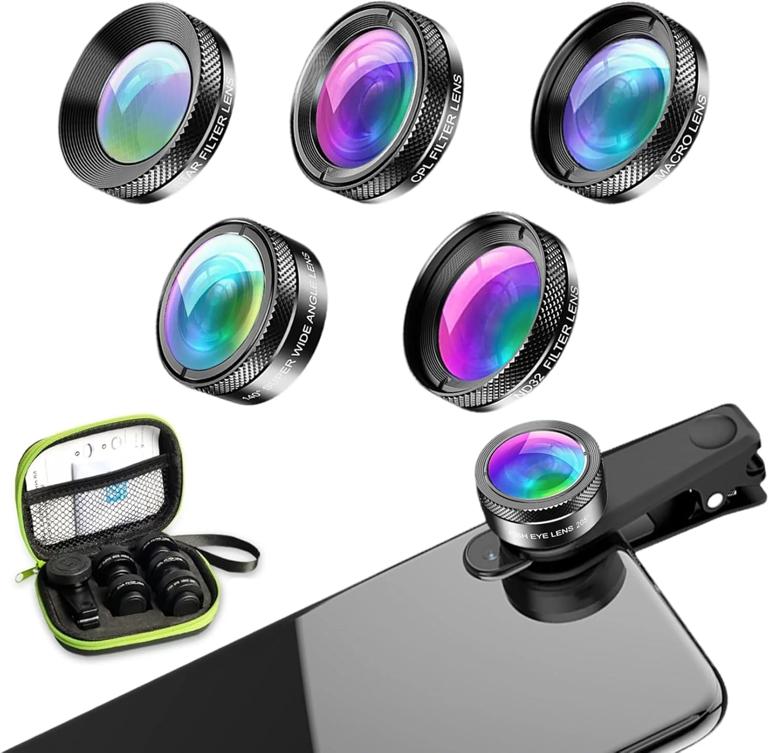کیت لنز موبایل 6 در 1 شامل لنز ماکرو، 6 قطعه لنز دوربین موبایل، لنز چشم ماهی 205 درجه، لنز واید انگل 140 درجه، لنز استارلایت، لنز ND32/CPL سازگار با گوشی های هوشمند آیفون و اندروید