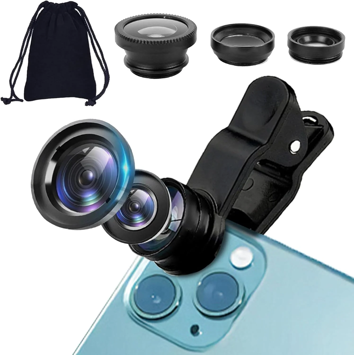 لنز ماکرو 3 در 1 برای گوشی، لنز چشم ماهی یونیورسال گوشی، سازگار با تقریباً هر دستگاه موبایل مدرن، نصب و جداسازی آسان (مشکی)