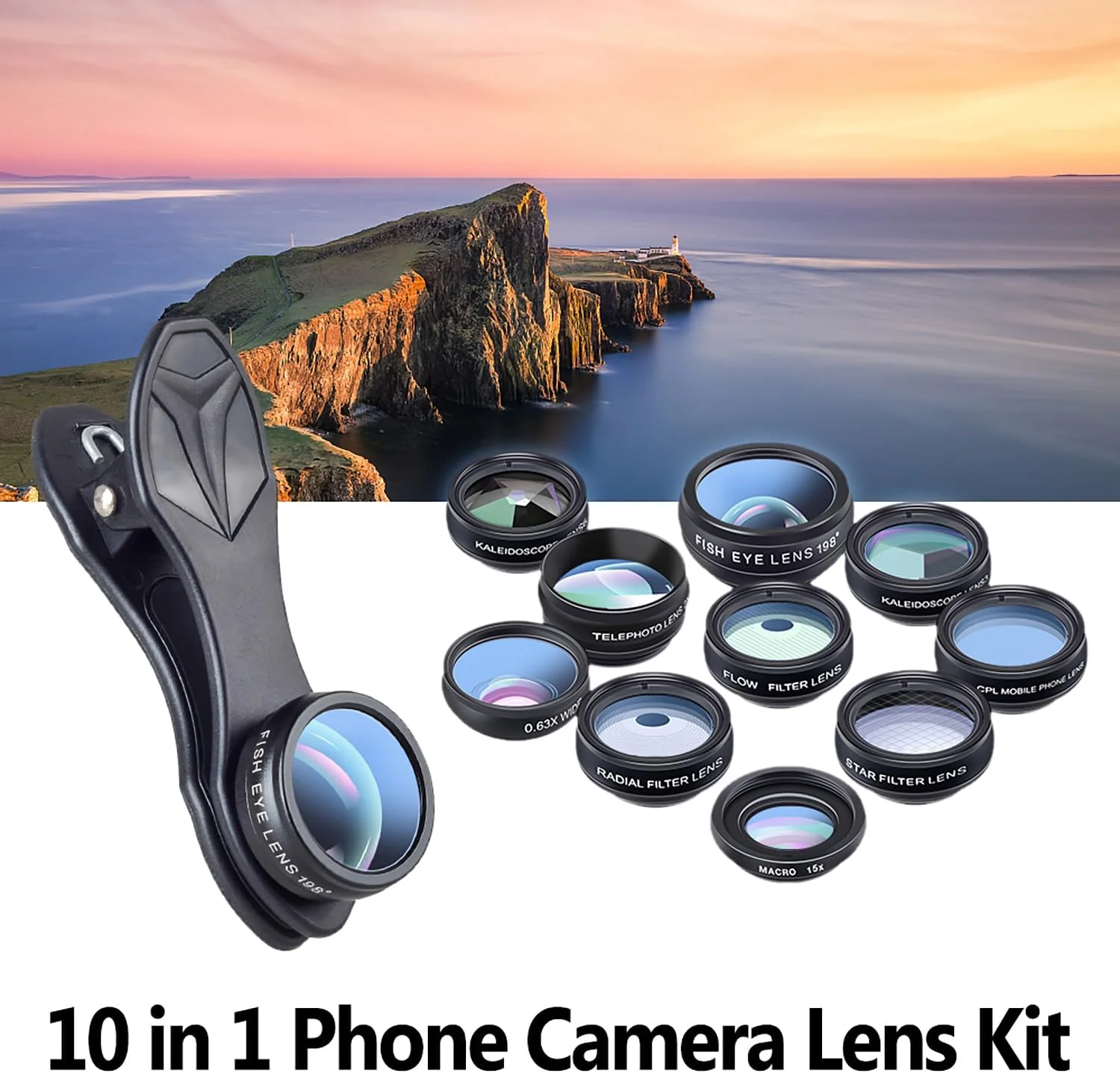 کیت لنز دوربین گوشی 10 در 1 شامل لنز واید انگل 0.63X، ماکرو 15X، فیش آی 198، تله فوتو 2X، CPL، استار، رادیال، فلو، کالیئوسکوپ 3 و 6 سازگار با اندروید کیت لنز دوربین گوشی 10 در 1 شامل لنز واید انگل 0.63X، ماکرو 15X، فیش آی 198، تله فوتو 2X، CPL، استار، رادیال، فلو، کالیئوسکوپ 3 و 6 سازگار با اندروید