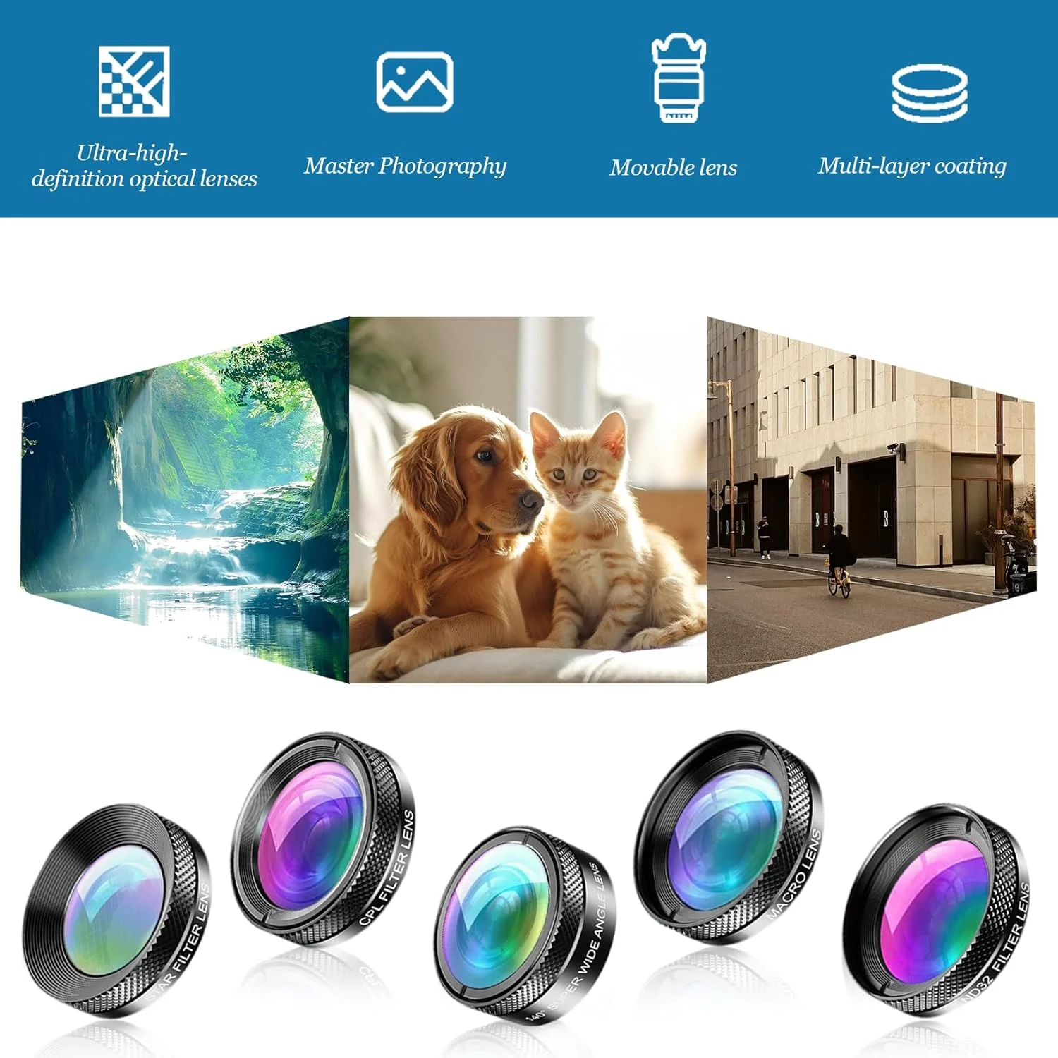 کیت لنز موبایل 6 در 1 شامل لنز ماکرو، 6 قطعه لنز دوربین موبایل، لنز چشم ماهی 205 درجه، لنز واید انگل 140 درجه، لنز استارلایت، لنز ND32/CPL سازگار با گوشی های هوشمند آیفون و اندروید کیت لنز موبایل 6 در 1 شامل لنز ماکرو، 6 قطعه لنز دوربین موبایل، لنز چشم ماهی 205 درجه، لنز واید انگل 140 درجه، لنز استارلایت، لنز ND32/CPL سازگار با گوشی های هوشمند آیفون و اندروید