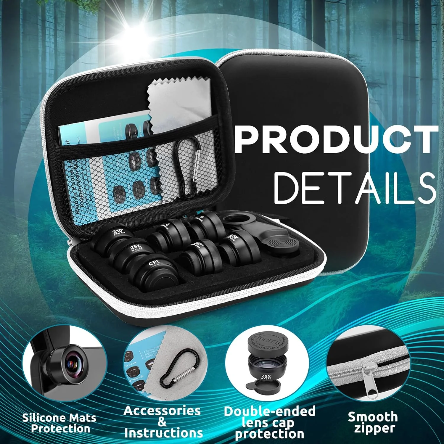 لنز موبایل 7 در 1، لنز چشم ماهی 210 درجه، لنز واید انگل 120 درجه، لنز ماکرو (25x)، لنز پرتره (2X)، کالیدوسکوپ، فیلتر CPL/ستاره ای سازگار با اکثر تلفن های هوشمند لنز موبایل 7 در 1، لنز چشم ماهی 210 درجه، لنز واید انگل 120 درجه، لنز ماکرو (25x)، لنز پرتره (2X)، کالیدوسکوپ، فیلتر CPL/ستاره ای سازگار با اکثر تلفن های هوشمند