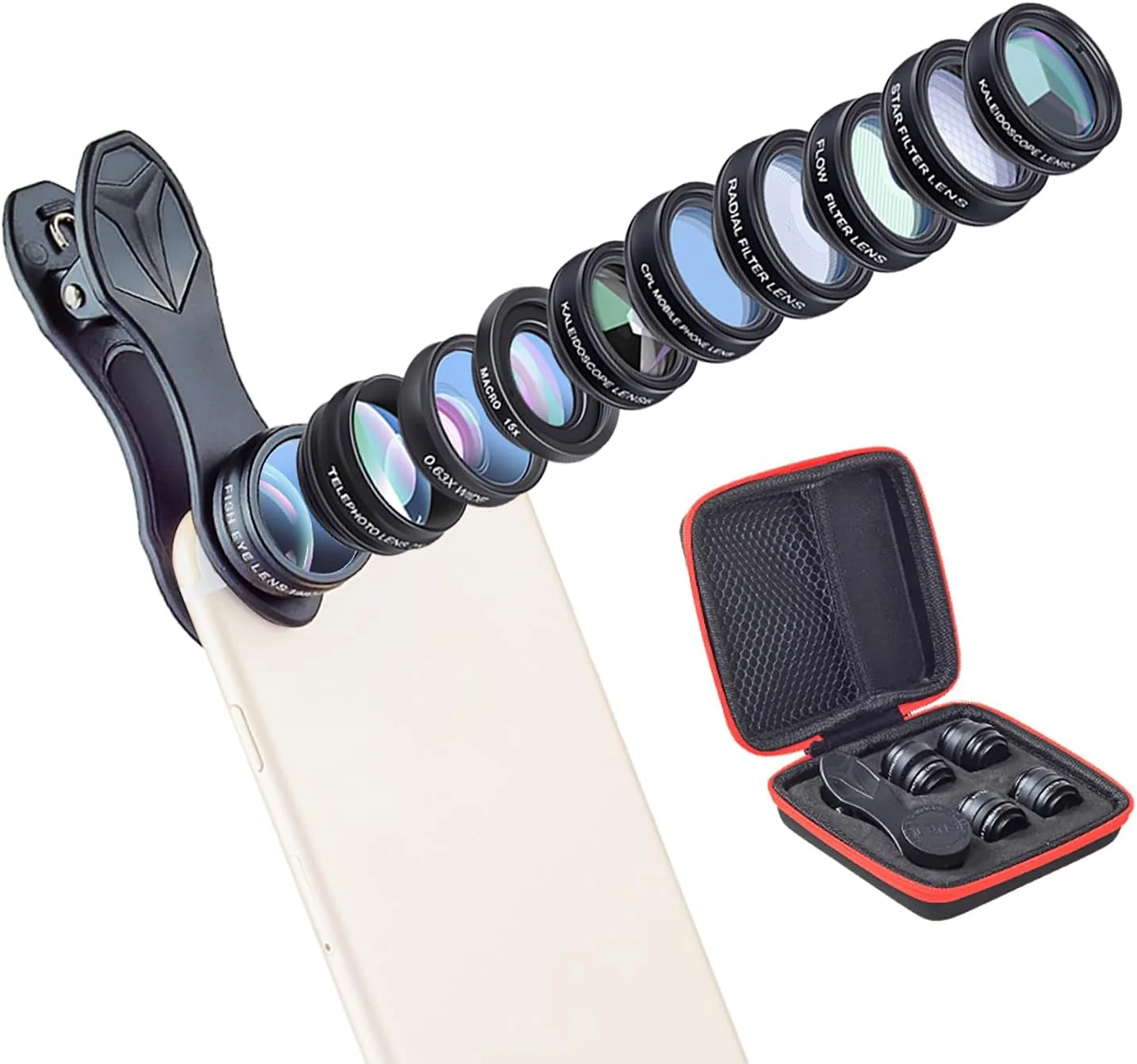 کیت لنز دوربین گوشی 10 در 1 شامل لنز واید انگل 0.63X، ماکرو 15X، فیش آی 198، تله فوتو 2X، CPL، استار، رادیال، فلو، کالیئوسکوپ 3 و 6 سازگار با اندروید کیت لنز دوربین گوشی 10 در 1 شامل لنز واید انگل 0.63X، ماکرو 15X، فیش آی 198، تله فوتو 2X، CPL، استار، رادیال، فلو، کالیئوسکوپ 3 و 6 سازگار با اندروید