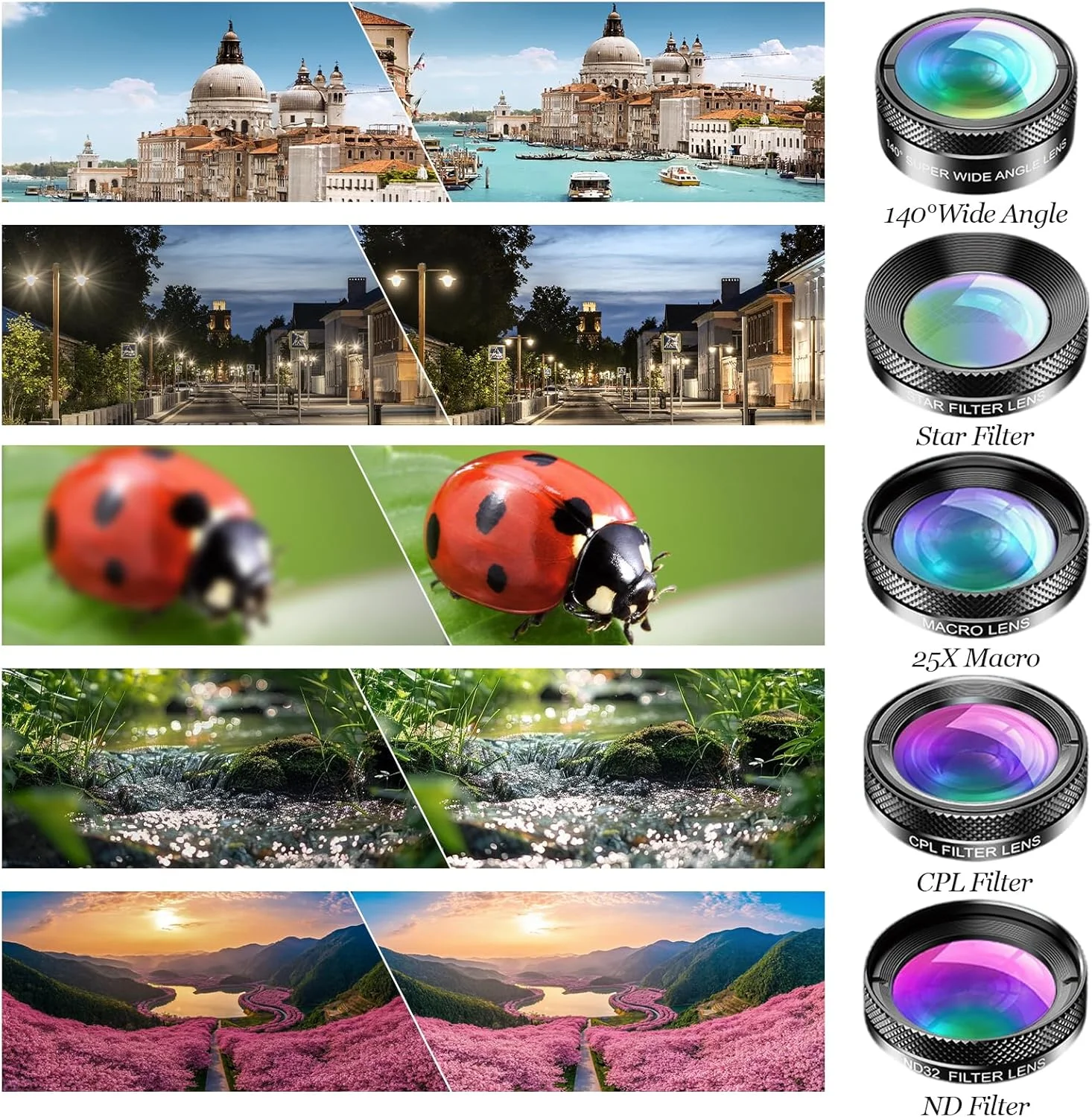 کیت لنز موبایل 6 در 1 شامل لنز ماکرو، 6 قطعه لنز دوربین موبایل، لنز چشم ماهی 205 درجه، لنز واید انگل 140 درجه، لنز استارلایت، لنز ND32/CPL سازگار با گوشی های هوشمند آیفون و اندروید کیت لنز موبایل 6 در 1 شامل لنز ماکرو، 6 قطعه لنز دوربین موبایل، لنز چشم ماهی 205 درجه، لنز واید انگل 140 درجه، لنز استارلایت، لنز ND32/CPL سازگار با گوشی های هوشمند آیفون و اندروید