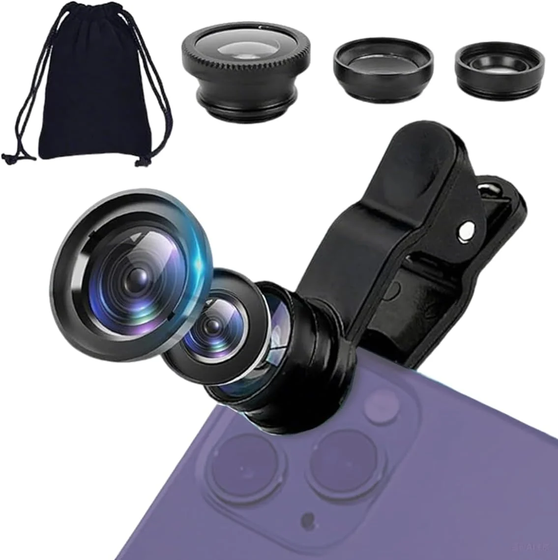 لنز ماکرو 3 در 1 برای گوشی، لنز فیش آی و ماکرو یونیورسال، سازگار با تقریباً تمام گوشی های هوشمند، نصب آسان با گیره به همراه کیف نگهداری کوچک (مشکی)