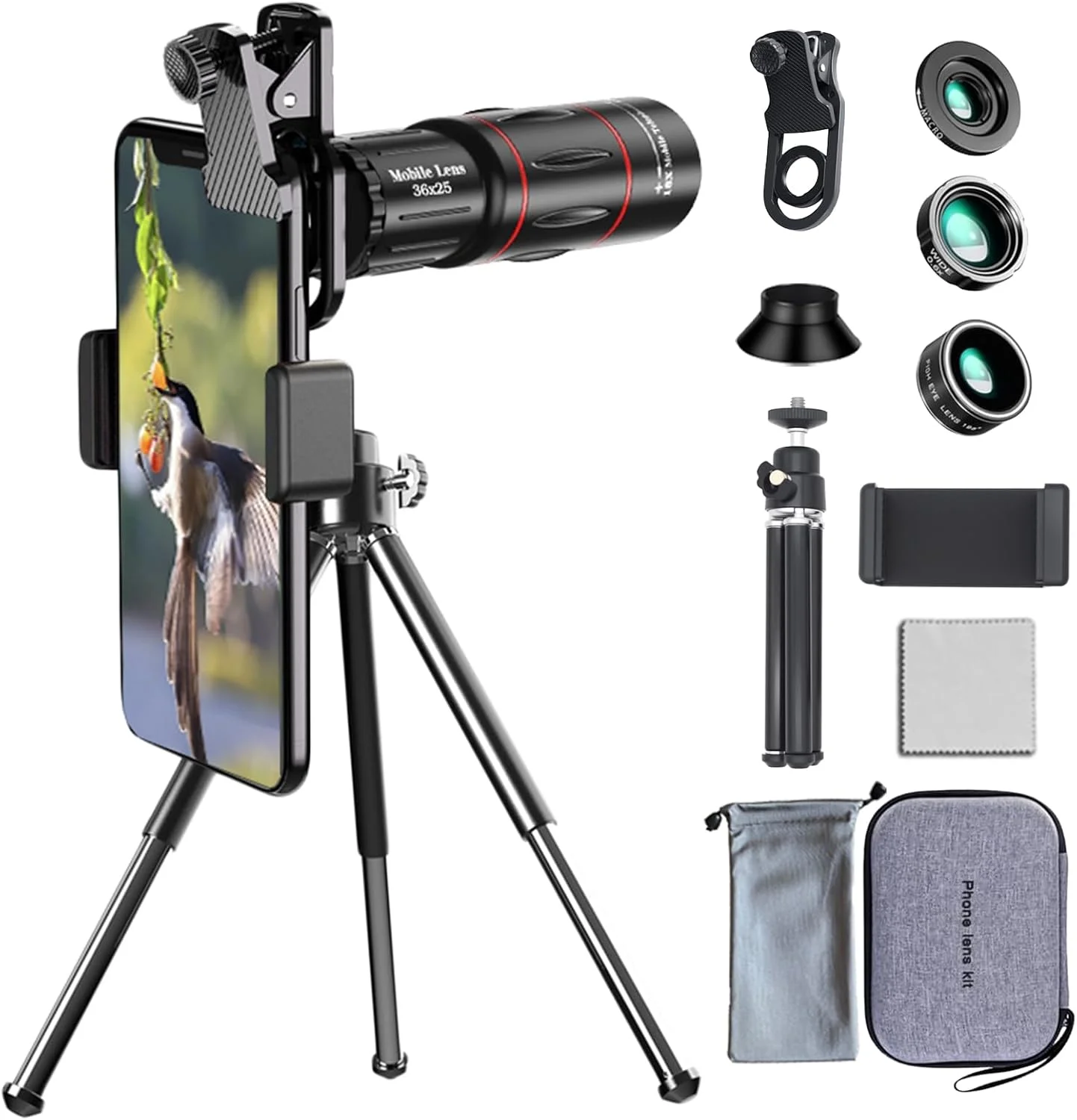 کیت لنز تله فوتو FITRI 36X، لنز تله فوتو دوربین خارجی ارتقا یافته تلفن همراه با سه پایه، اتصال لنز تلفن همراه برای اندروید و آیفون