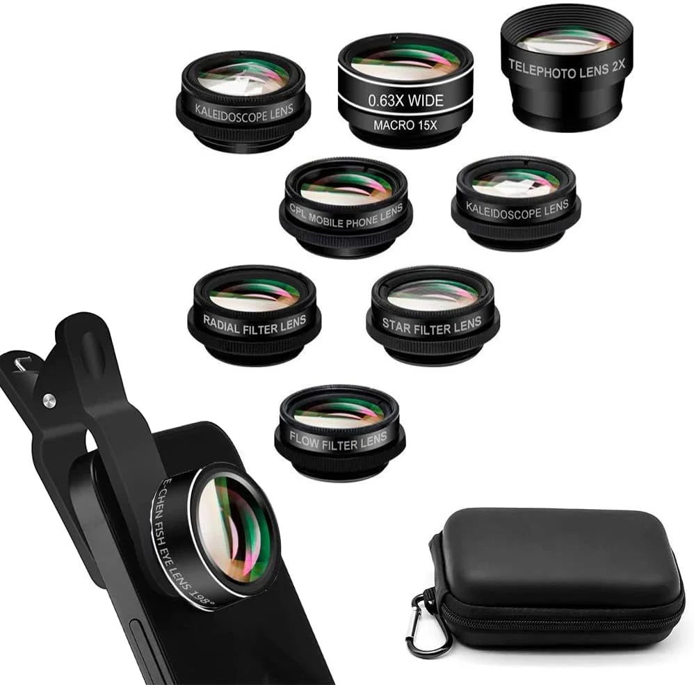 کیت لنز موبایل 10 در 1، لنز دوربین موبایل، لنز زوم + چشم ماهی 198 درجه + زاویه فوق عریض 0.63X + لنز ماکرو 15X + CPL + لنز Kaleidosope + استاربورست + آب روان برای آیفون سامسونگ اندروید (10 در 1)