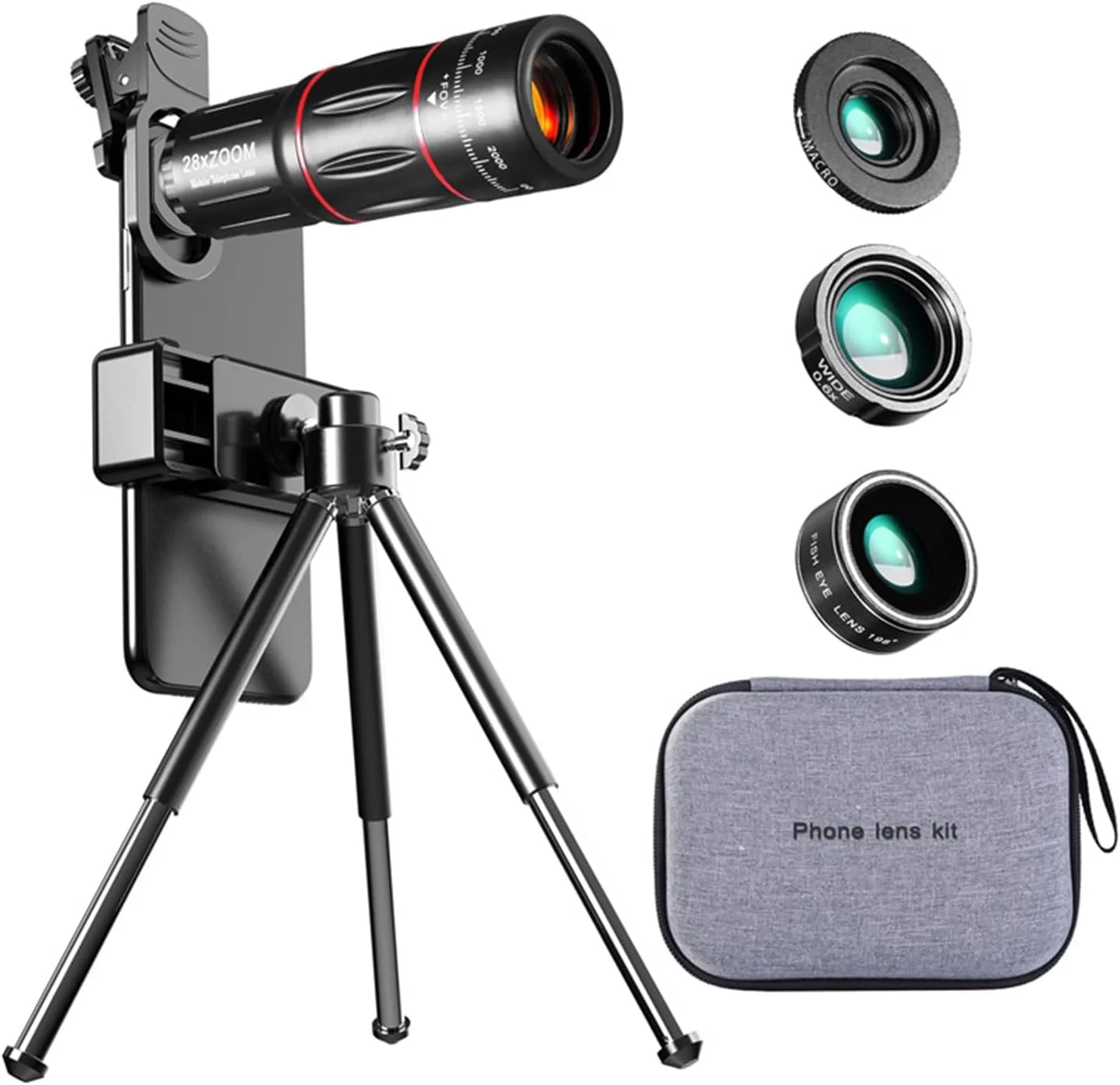 کیت لنز دوربین موبایل 4 در 1، لنز موبایل با کیفیت بالا به همراه سه پایه، لنز تله فوتو 28x به همراه شاتر، لوازم جانبی تلسکوپ سازگار با اکثر گوشی های هوشمند