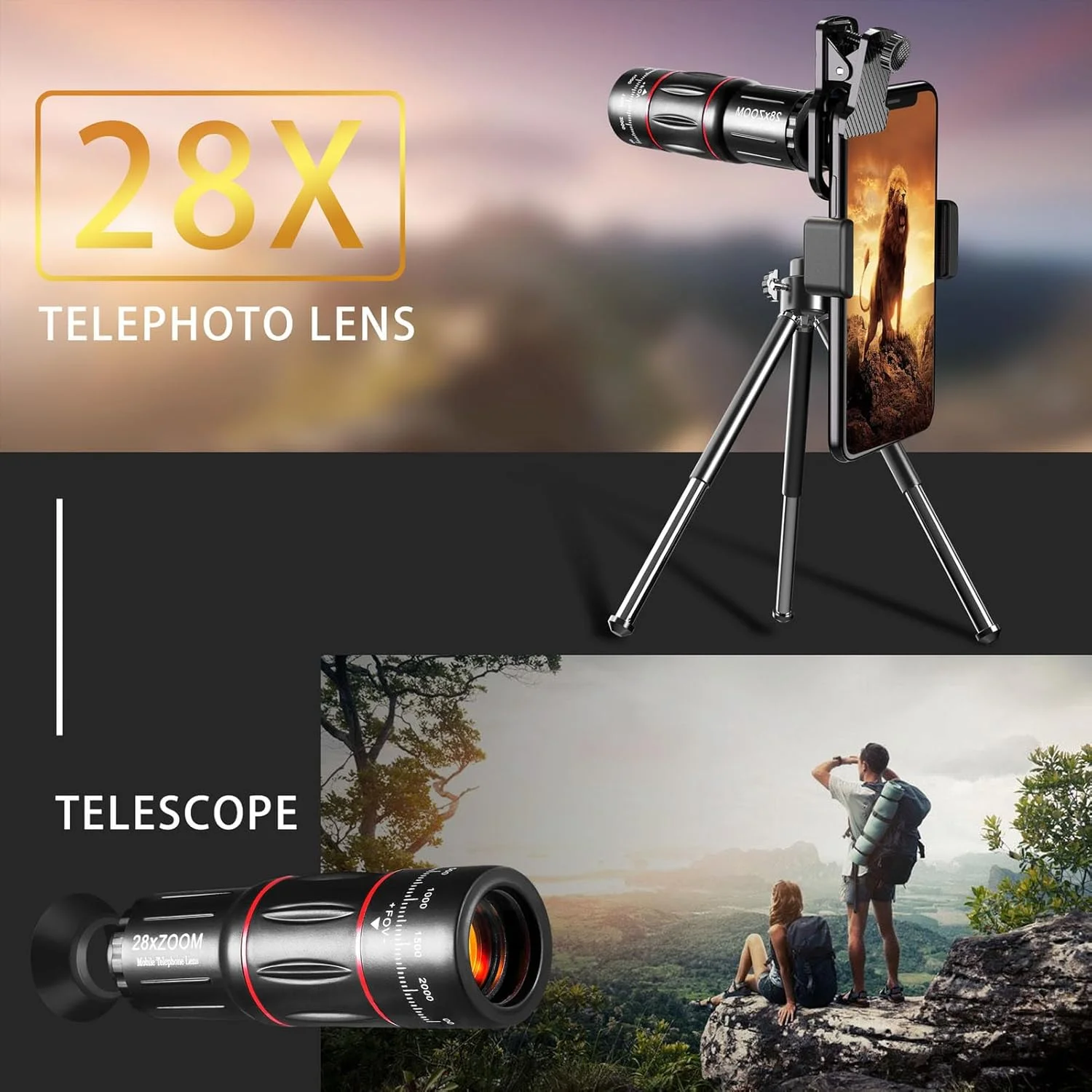 کیت لنز دوربین گوشی Goshyda، لنز تله فوتو 28x HD با قدرت بالا، لنز ماکرو 0.6X، لنز چشم ماهی زاویه فوق عریض 198 درجه، کیت لنز تلفن همراه با سه پایه برای تلفن های هوشمند کیت لنز دوربین گوشی Goshyda، لنز تله فوتو 28x HD با قدرت بالا، لنز ماکرو 0.6X، لنز چشم ماهی زاویه فوق عریض 198 درجه، کیت لنز تلفن همراه با سه پایه برای تلفن های هوشمند