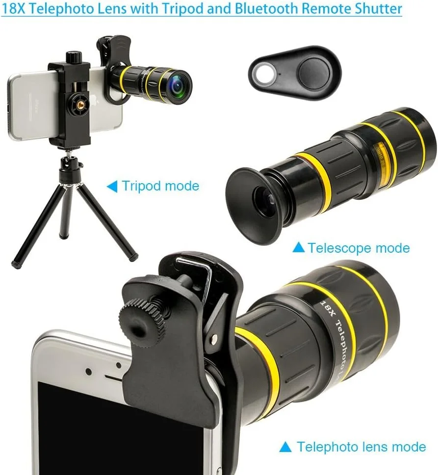 لنز دوربین موبایل Godefa با سه پایه + شاتر از راه دور، لنز زوم تله فوتو 18x / زاویه باز / ماکرو / چشم ماهی / کالیدوسکوپ / CPL، لنز کلیپسی سازگار برای آیفون X 8 7 6s پلاس، سامسونگ و غیره لنز دوربین موبایل Godefa با سه پایه + شاتر از راه دور، لنز زوم تله فوتو 18x / زاویه باز / ماکرو / چشم ماهی / کالیدوسکوپ / CPL، لنز کلیپسی سازگار برای آیفون X 8 7 6s پلاس، سامسونگ و غیره