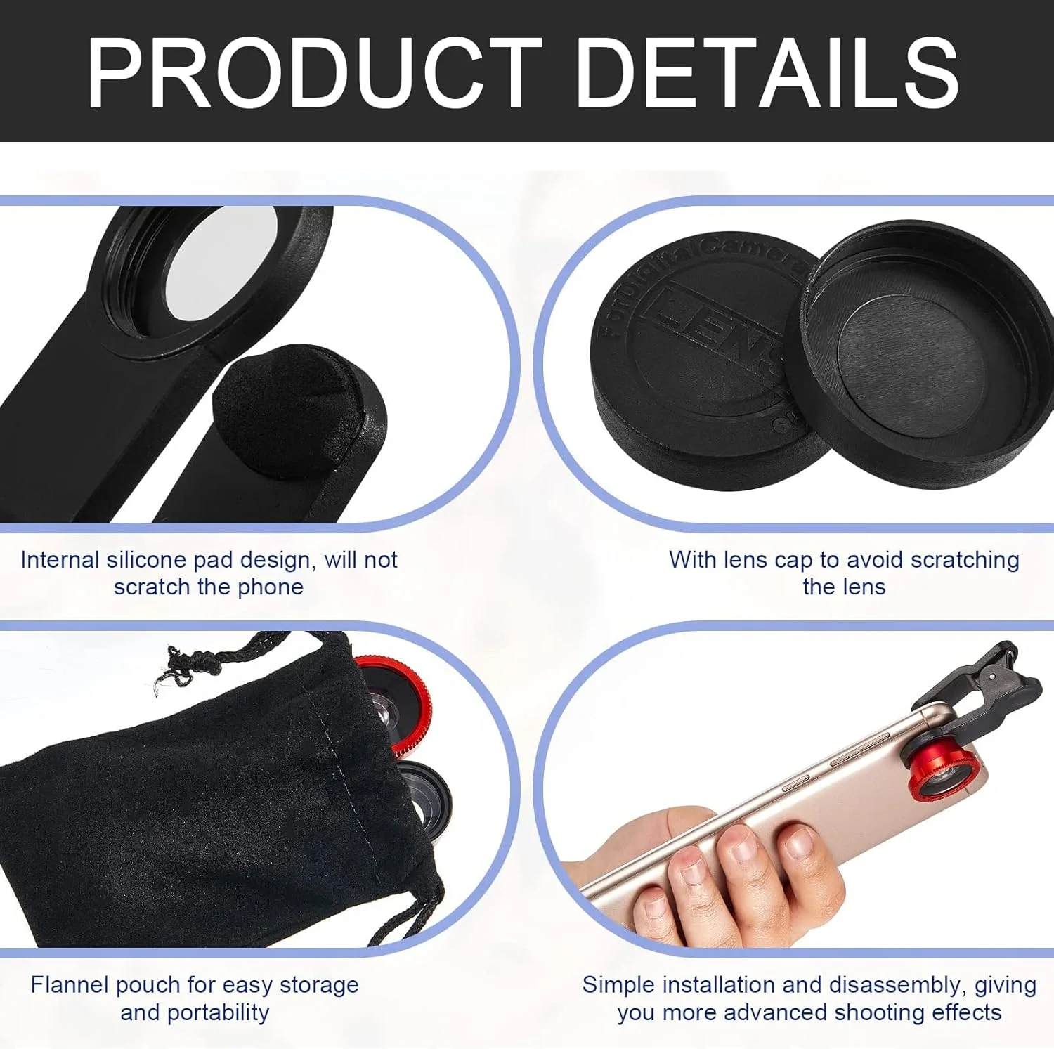 [بسته 3 عددی] گیره لنز دوربین تلفن، کیت لنز دوربین 3 در 1 جهانی با لنز چشم ماهی + لنز ماکرو + لنز زاویه باز.