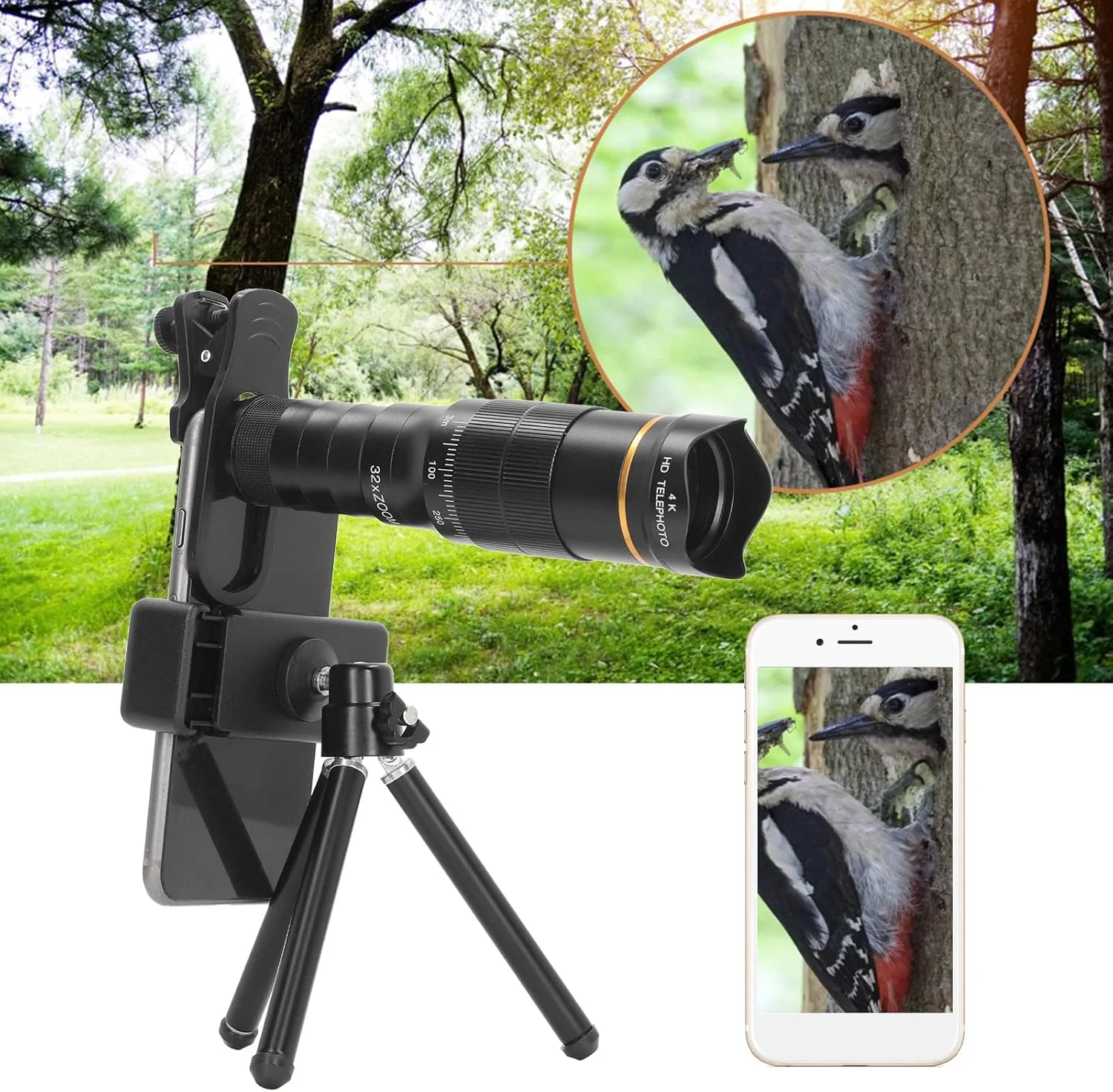 کیت لنز دوربین گوشی Goshyda، لنز تله فوتو زوم 32X HD گیره ای قابل حمل با سه پایه، لنز تلسکوپی زاویه باز 0.62X برای عکس و فیلم کیت لنز دوربین گوشی Goshyda، لنز تله فوتو زوم 32X HD گیره ای قابل حمل با سه پایه، لنز تلسکوپی زاویه باز 0.62X برای عکس و فیلم