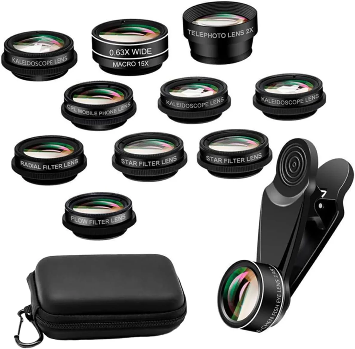 مجموعه لنز موبایل هموتون شامل 10 لنز: لنز چشم ماهی، لنز ماکرو، لنز عکس موبایل، لنز جهانی موبایل، کیت لنز موبایل، زوم زاویه باز، آلیاژ آلومینیوم هوانوردی