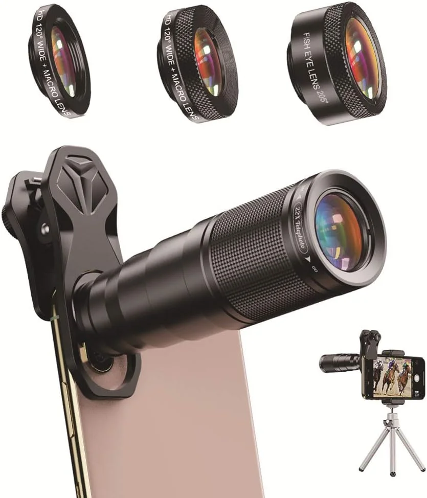 لنز تله فوتو موبایل، لنز تله فوتو با زوم 22 برابر + لنز چشم ماهی 205 درجه + لنز واید 120 درجه + لنز ماکرو، قابل استفاده با تلسکوپ به همراه سه پایه فلزی