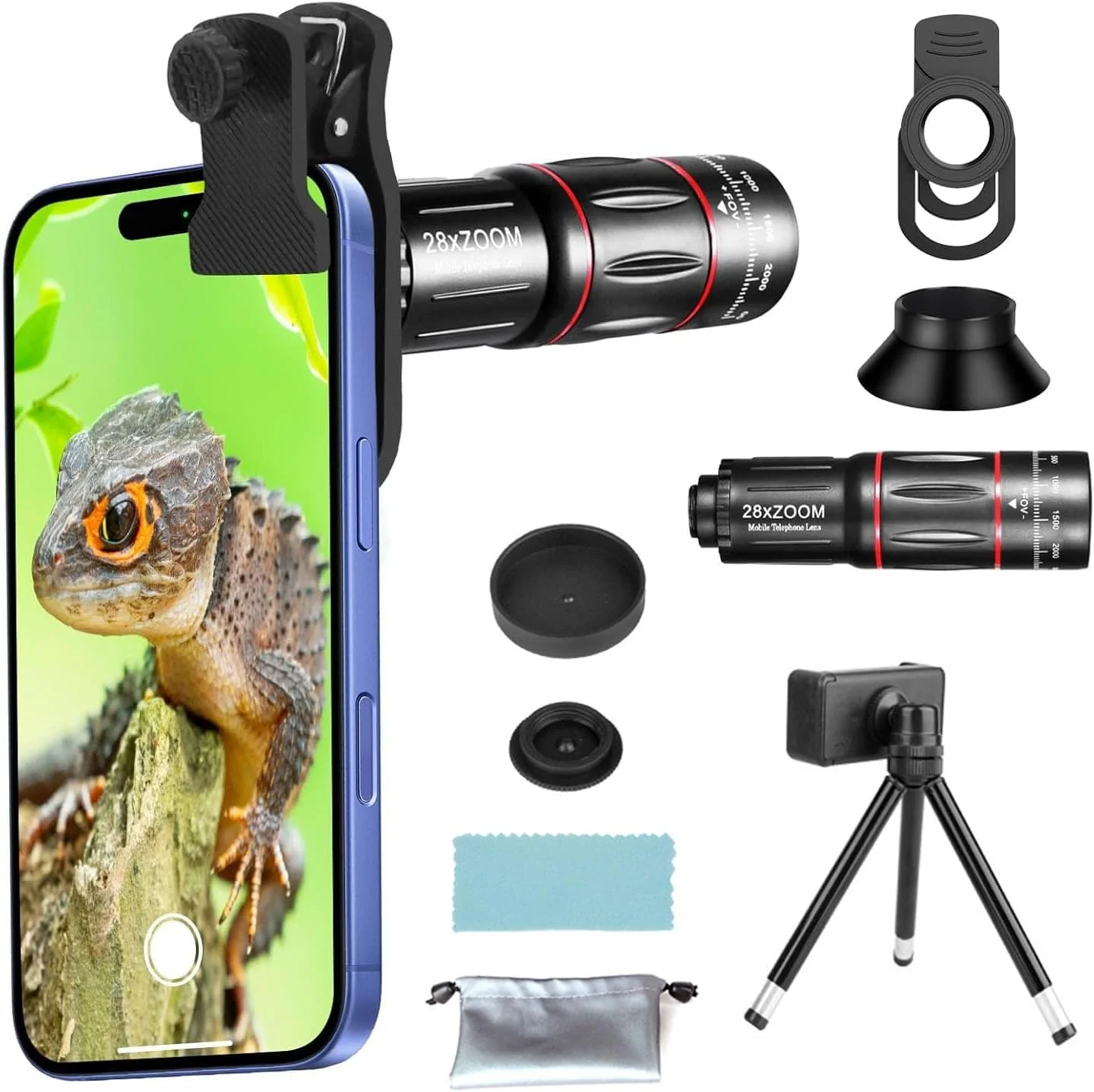 کیت لنز موبایل HENAE، مجموعه لنز تله فوتو 28X با گیره تلفن و سه پایه برای آیفون با گیره E و سه پایه، مناسب برای اکثر تلفن های هوشمند، پیاده روی، کمپینگ، تماشای حیوانات، نمایش ها، ماه