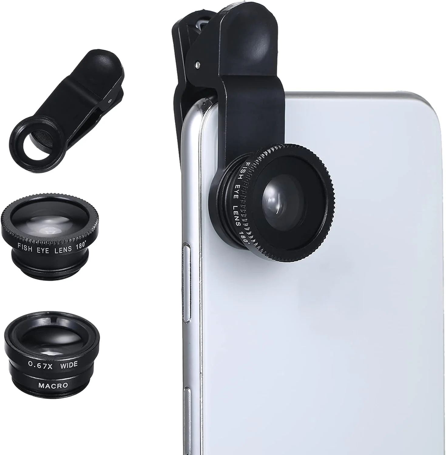 کیت لنز دوربین موبایل 3 در 1 HELEMIY، لنز کلیپسی موبایل شامل لنز فیش آی 180 درجه، لنز واید انگل 0.67X و لنز ماکرو به همراه گیره و کیف، سازگار با گوشی های اندروید و iOS