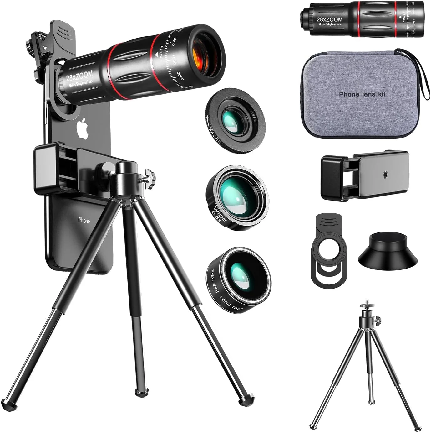 کیت لنز دوربین تلفن همراه نسخه ارتقا یافته تله فوتو 28X، زاویه باز 0.6X، ماکرو 20x، فیش آی 198 درجه، اتصال لنز تلفن برای اندروید و آیفون (مشکی)