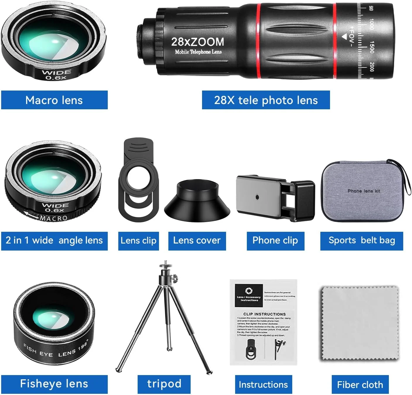کیت لنز دوربین تلفن همراه نسخه ارتقا یافته تله فوتو 28X، زاویه باز 0.6X، ماکرو 20x، فیش آی 198 درجه، اتصال لنز تلفن برای اندروید و آیفون (مشکی) کیت لنز دوربین تلفن همراه نسخه ارتقا یافته تله فوتو 28X، زاویه باز 0.6X، ماکرو 20x، فیش آی 198 درجه، اتصال لنز تلفن برای اندروید و آیفون (مشکی)