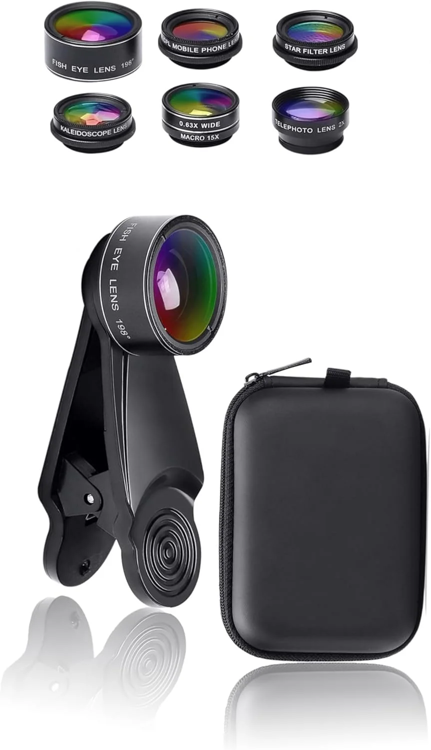 کیت لنز موبایل 7 در 1: لنز فیش آی 198 درجه + لنز ماکرو 15X + لنز واید انگل 0.63x + لنز تله فوتو 2x + CPL + Kaleidoscope + لنز استار فیلتر، لنز دوربین کلیپسی