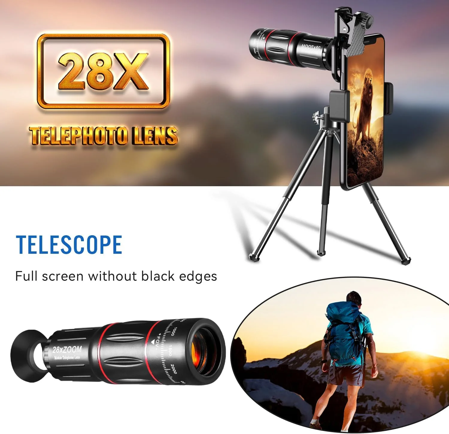 کیت لنز دوربین تلفن همراه نسخه ارتقا یافته تله فوتو 28X، زاویه باز 0.6X، ماکرو 20x، فیش آی 198 درجه، اتصال لنز تلفن برای اندروید و آیفون (مشکی) کیت لنز دوربین تلفن همراه نسخه ارتقا یافته تله فوتو 28X، زاویه باز 0.6X، ماکرو 20x، فیش آی 198 درجه، اتصال لنز تلفن برای اندروید و آیفون (مشکی)