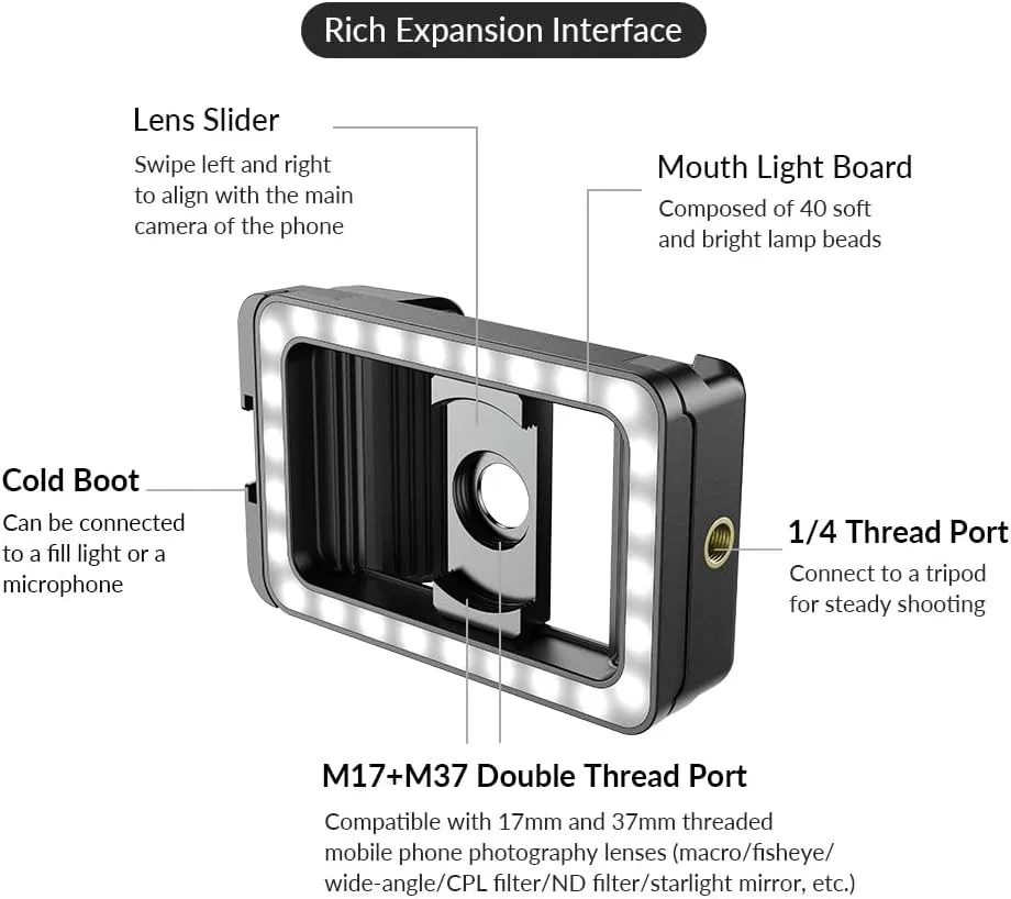 گیره نگهدارنده گوشی یونیورسال Irovami FL23 با رزوه 17mm + 37mm، نور LED، مانت کفشک سرد و آداپتور لنز با سوراخ پیچ 1/4 اینچی سازگار با گوشی های هوشمند اندروید/آیفون/سامسونگ لنز ماکرو/واید انگل/چشم ماهی گیره نگهدارنده گوشی یونیورسال Irovami FL23 با رزوه 17mm + 37mm، نور LED، مانت کفشک سرد و آداپتور لنز با سوراخ پیچ 1/4 اینچی سازگار با گوشی های هوشمند اندروید/آیفون/سامسونگ لنز ماکرو/واید انگل/چشم ماهی