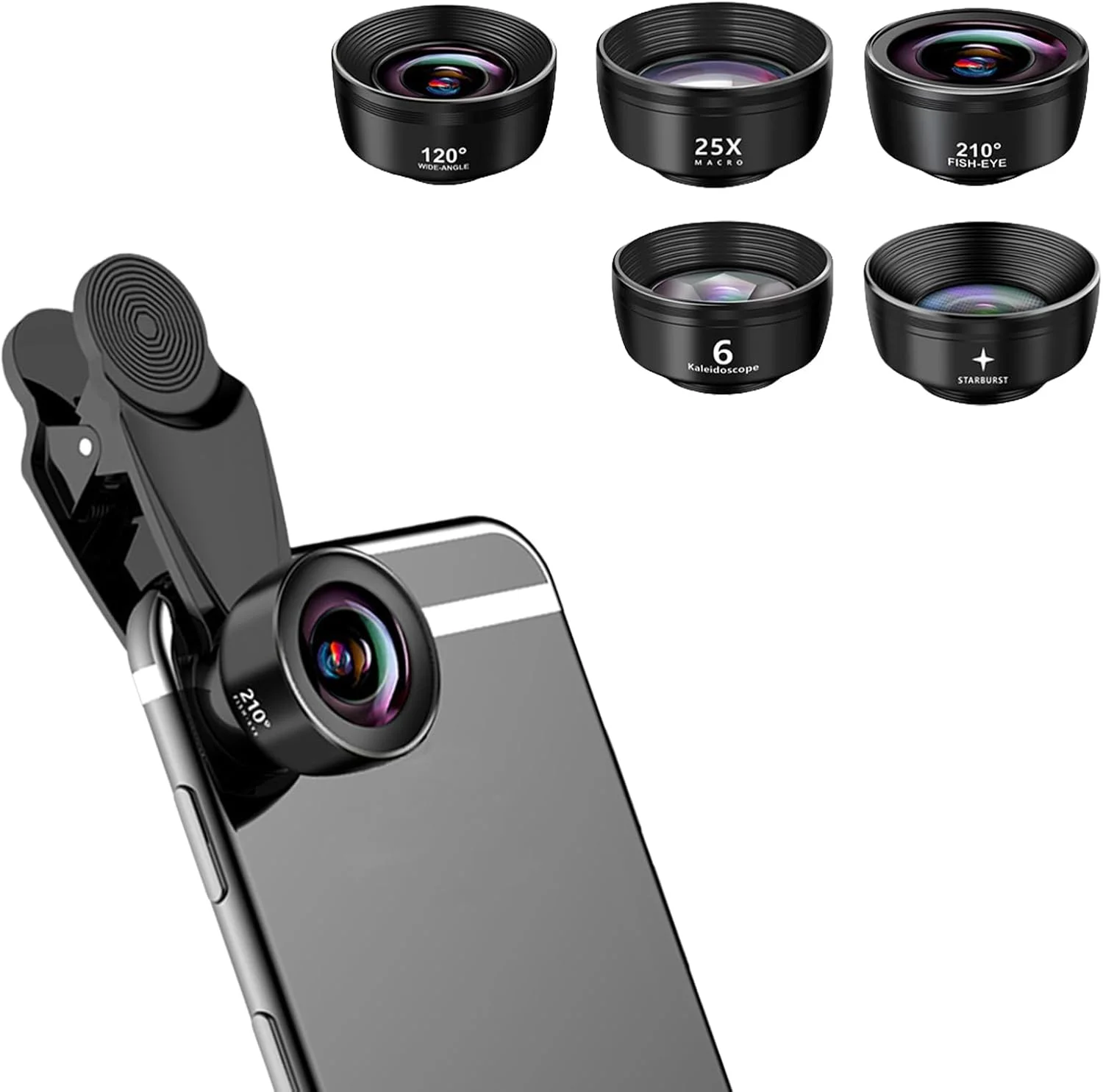 کیت لنز دوربین موبایل 5 در 1 با کیفیت بالا، شامل لنز واید 120 درجه + لنز ماکرو 25X + لنز فیش آی 210 درجه + CPL + لنز تله فوتو 2X، سازگار با آیفون/اندروید/تلفن همراه و تبلت