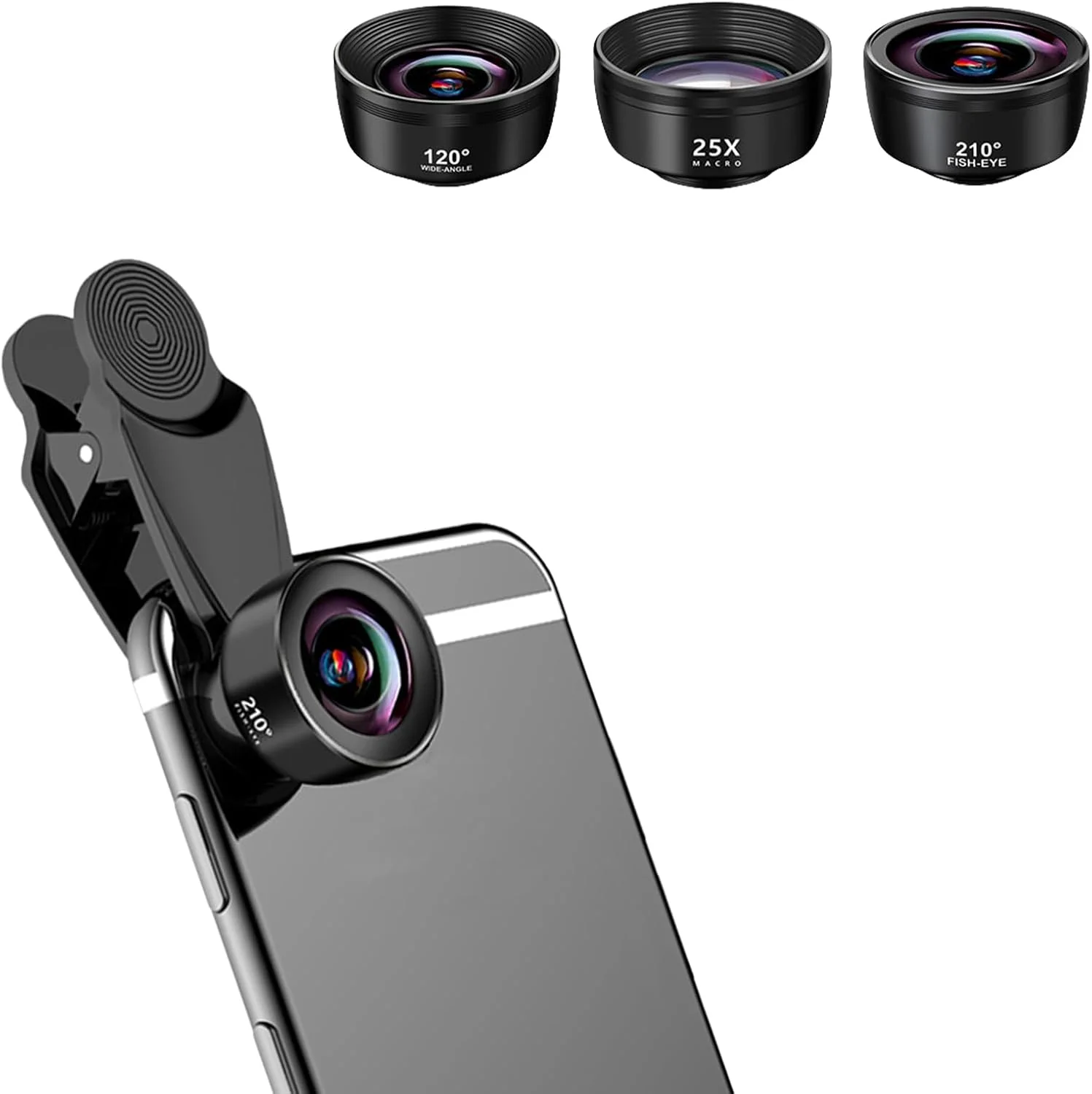 کیت لنز موبایل 3 در 1 - چشم ماهی 210 درجه، زاویه باز 120 درجه، ماکرو 25X برای عکاسی خیره کننده - سازگار با آیفون/اندروید/تلفن همراه و تبلت