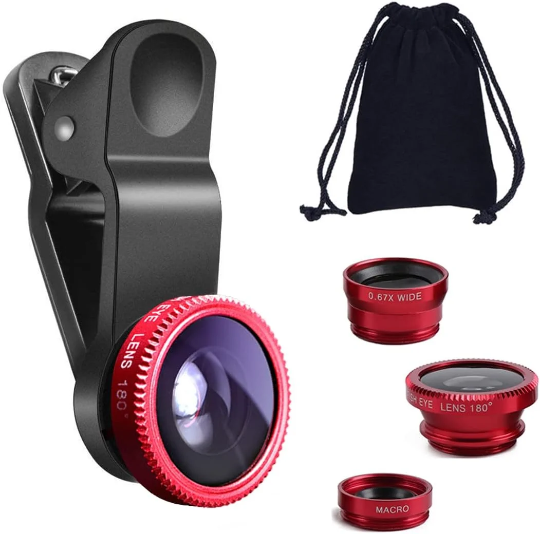 کیت لنز دوربین کلیپسی 3 در 1 یونیورسال فیش آی و ماکرو KINGMAS برای آیپد، آیفون 7، 6، 5، سامسونگ، بلک بری، اچ تی سی و اکثر گوشی های هوشمند (قرمز)