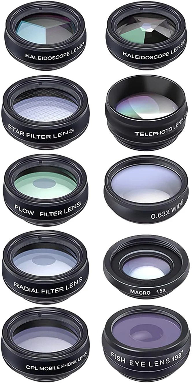 کیت لنز دوربین گوشی 10 در 1 شامل لنز زاویه باز 0.63X + ماکرو 15X + فیش آی 198° + تله فوتو 2X + CPL + فیلتر ستاره + فیلتر شعاعی + فیلتر جریان + کالیدوسکوپ 3 + کالیدوسکوپ 6 سازگار با