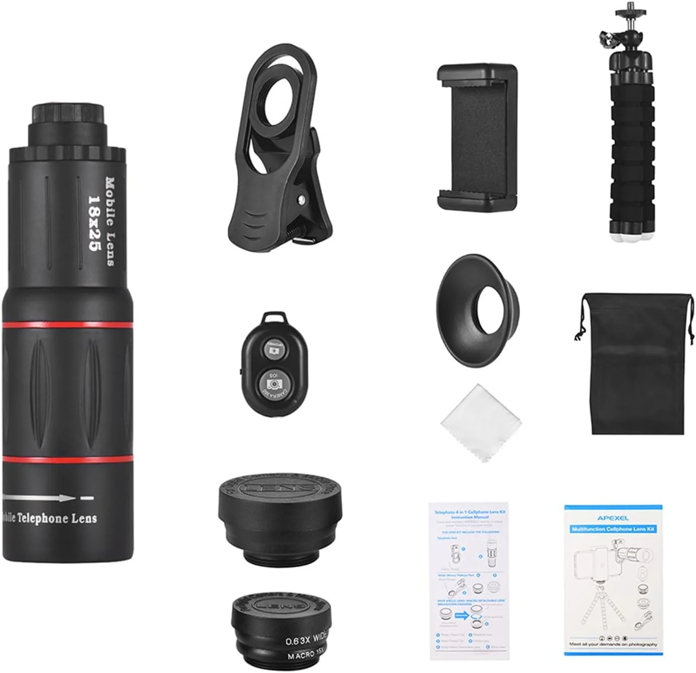 کیت لنز موبایل تله فوتو 4 در 1 Labymos APL-T18XBZJ5 شامل لنز تله فوتو 18X، لنز فیش آی 198 درجه، لنز واید انگل 0.63X و لنز ماکرو 15X به همراه شاتر از راه دور، سه پایه کوچک و هولدر گوشی مناسب برای اکثر گوشی ها