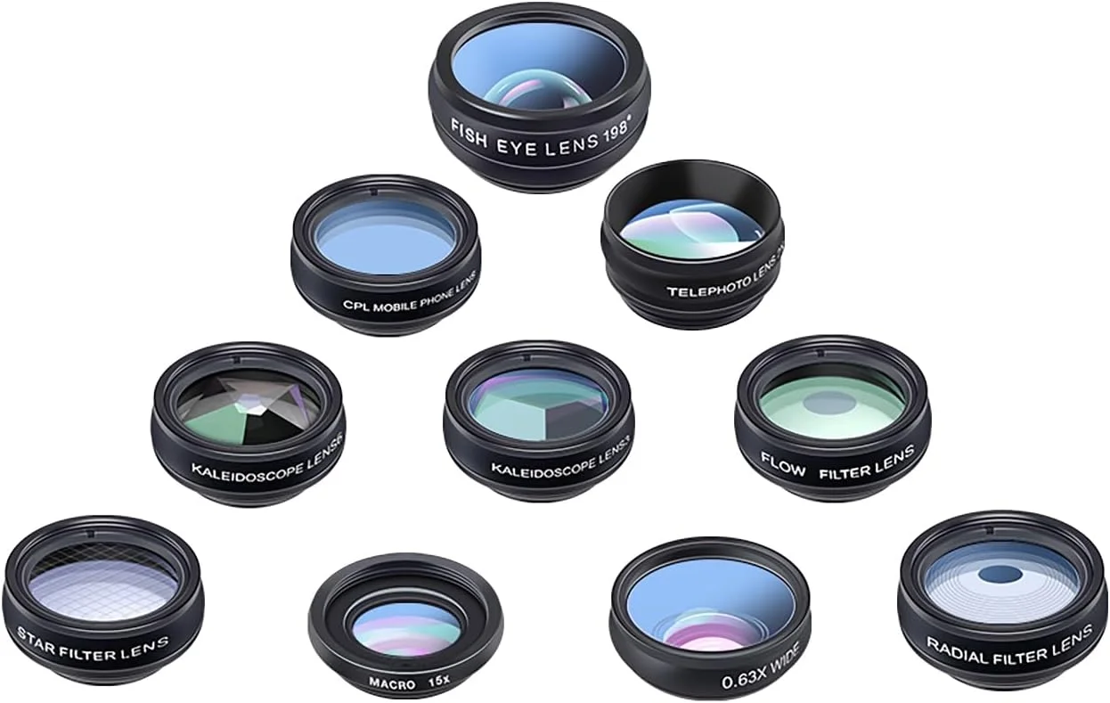 کیت لنز دوربین موبایل 10 در 1 Labymos با زاویه دید عریض 0.63X + ماکرو 15X + فیش آی 198 درجه + تله فوتو 2X + CPL + فیلتر ستاره + فیلتر شعاعی + فیلتر جریان + Kaleido 3 + Kaleido 6 سازگار با اندروید