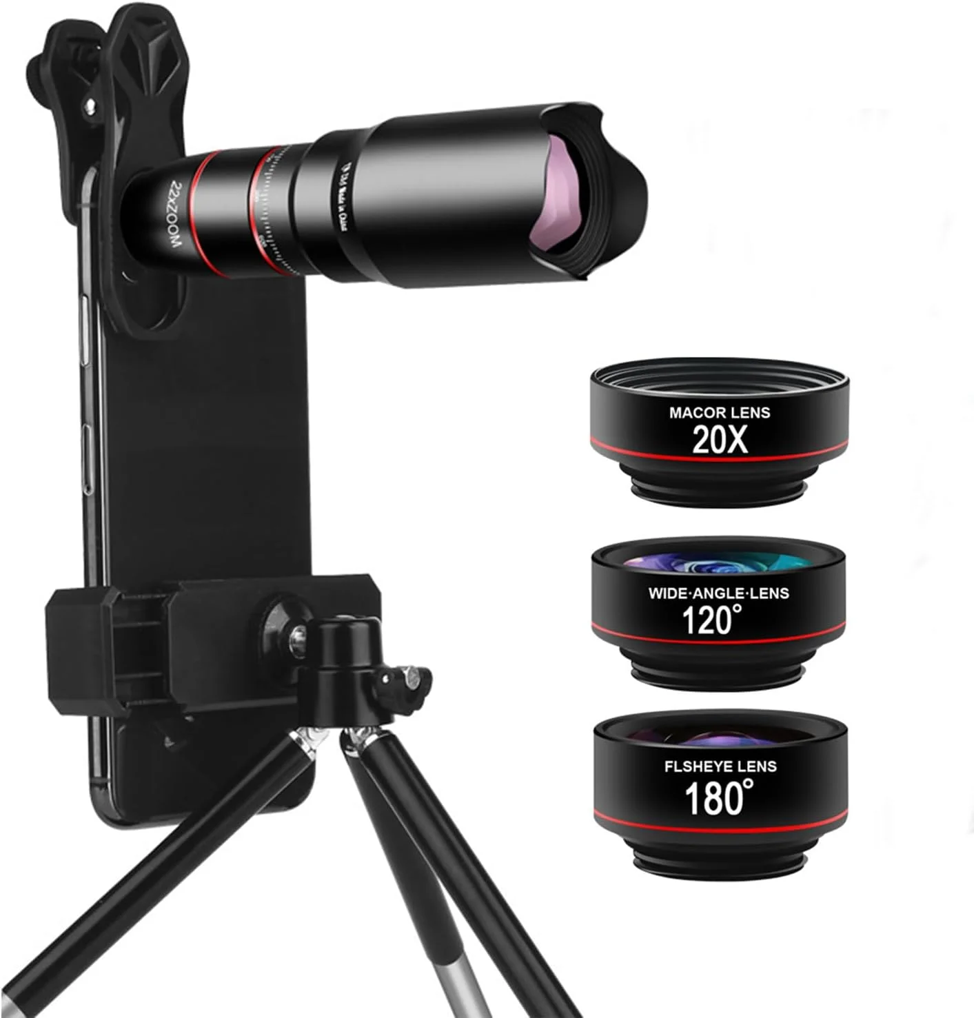 کیت لنز دوربین تلفن همراه، کیت لنز 4 در 1 تلفن، لنز تله فوتو 28 برابر، لنز چشم ماهی 180 درجه، لنز فوق عریض 120 درجه، لنز ماکرو 20 برابر با گیره جهانی برای گوشی های هوشمند آیفون و اندروید